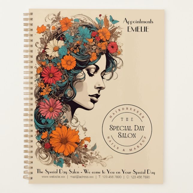 Agenda Garota Retro com Flores no Cabelo - Negócios (Frente)