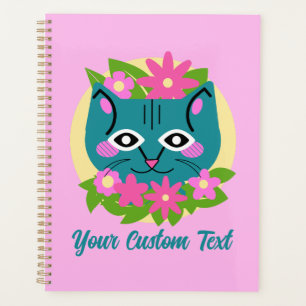 Agenda Gato Azul Personalizável com Flores Rosa