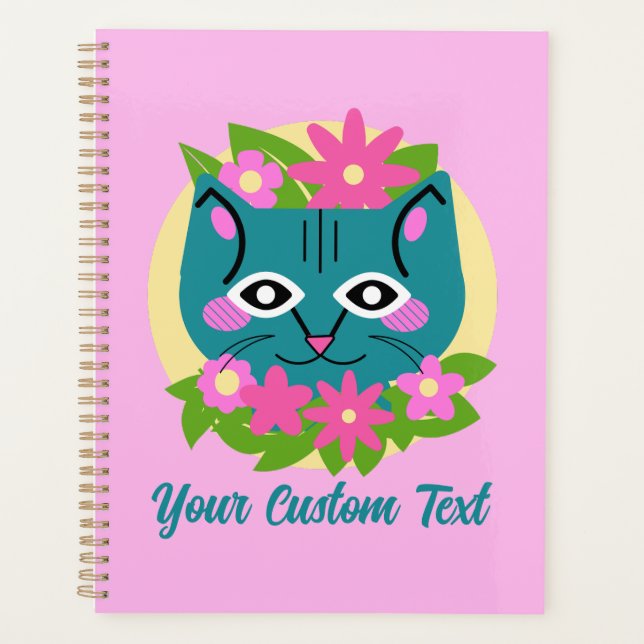 Agenda Gato Azul Personalizável com Flores Rosa (Frente)