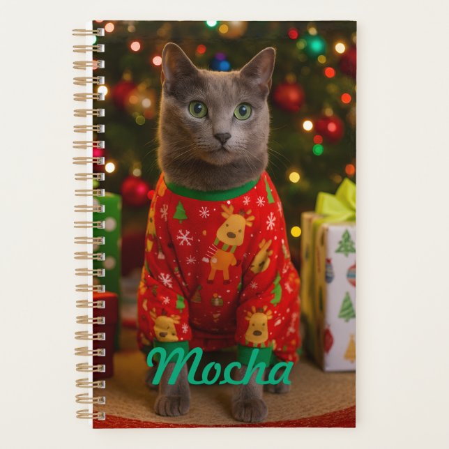 Agenda Gato Azul Russo Aconchegante Natal Personalizado  (Frente)