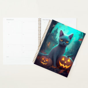 Agenda Gato Azul Russo Halloween Com Pumpkins Assustado