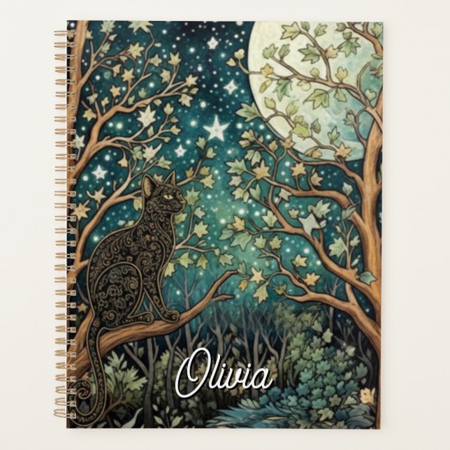 Agenda Gato boho céu noturno estrelado floresta (Frente)
