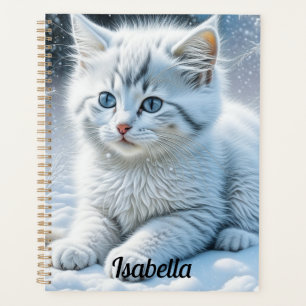 Agenda Gato Branco Bonito Brincando na Neve Personalizado