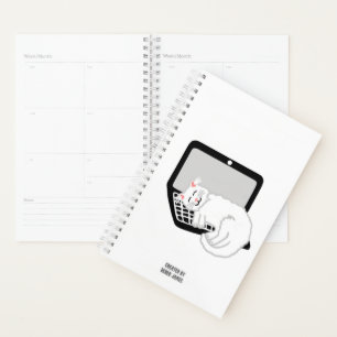 Agenda Gato Branco Dormindo no Laptop Pequeno Planner
