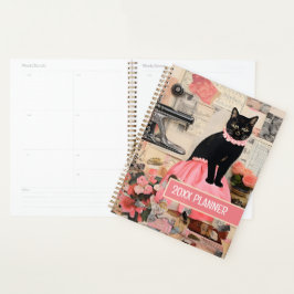 Agenda Gato com colagem de flores de colar rosa