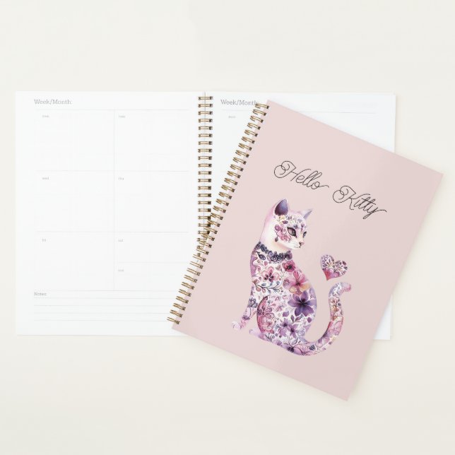 Agenda Gato de Amor Coração Flores Rosa Roxo Blush  (Exibição)