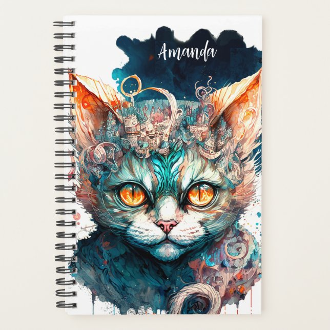 Agenda Gato de aquarela no estilo steampunk (Frente)