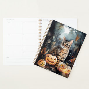 Agenda Gato de Halloween Bengal com Pumpkins assustado