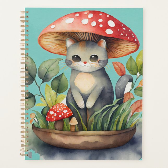 Agenda Gato de Jardim de Cogumelo de Aquarela (Frente)