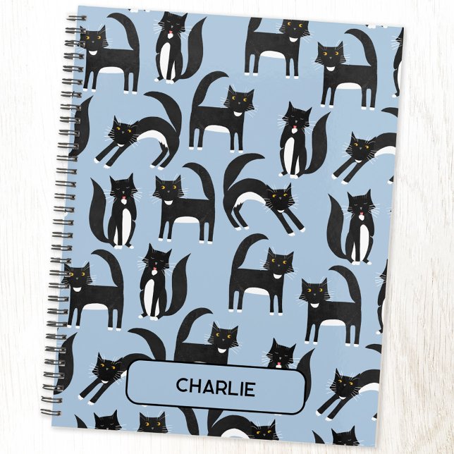 Agenda Gato de Tuxedo, branco e preto personalizado (Black and white tuxedo cat personalized name planner)