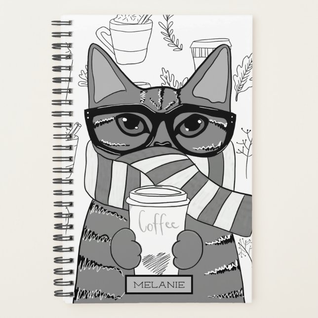 Agenda Gato e café bonitos personalizados (Frente)