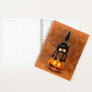 Agenda Gato Halloween Caricatura Assustada na Pumpkin
