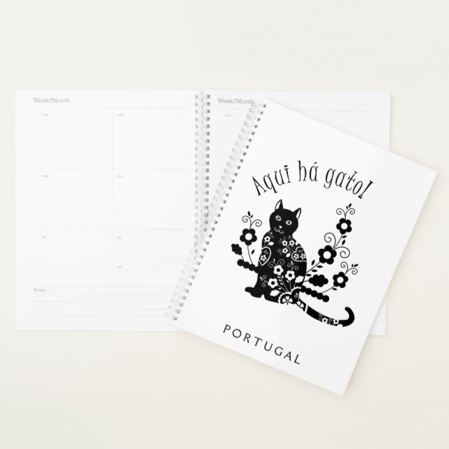 Agenda Gato negro com flores e expressão portuguesa (Exibição)