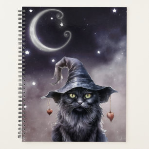 Agenda Gato Negro de Halloween Vestindo um Chapéu de Brux