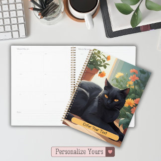 Agenda Gato Negro Personalizado com flores em vaso