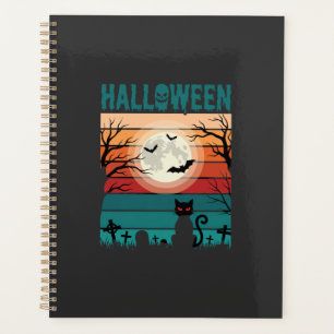 Agenda Gato Preto De Halloween Lua Cemitério Vetor Retro 