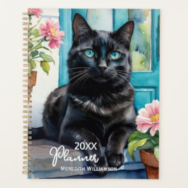 Agenda Gato Preto Elegante Aquarela Personalizada Ano