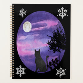 Agenda Gato Preto Fofo sob o céu romântico\aquarela