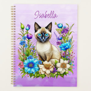 Agenda Gato Siames Ai Aquarela em Flores Personalizado