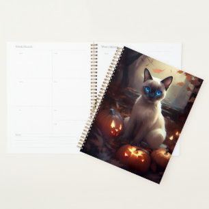 Agenda Gato Siamês do Halloween Com Pumpkins Assustado
