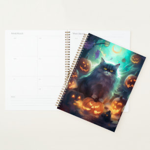 Agenda Gato Siberiano de Halloween com Abóboras Assustado