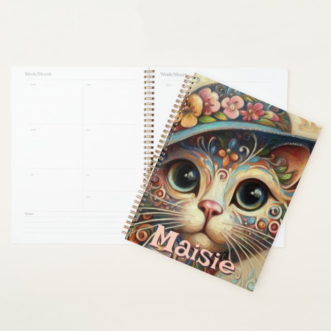 Agenda Gato Whimsical com chapéu Floral Personalizado (Exibição)
