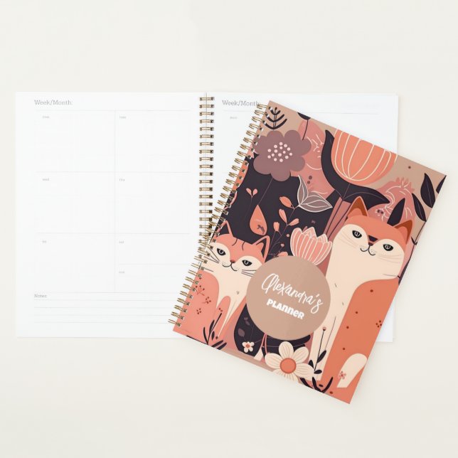 Agenda Gatos e flores cor-de-rosa personalizados (Exibição)
