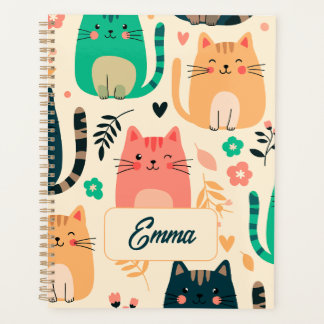 Agenda Gatos Fofos e Padrão Floral Monograma Personalizad