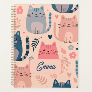 Agenda Gatos Fofos e Padrão Floral Monograma Personalizad