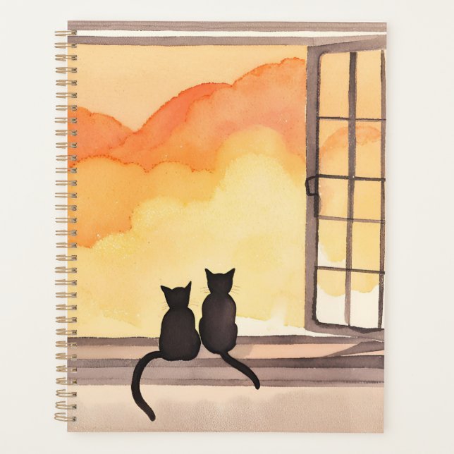 Agenda Gatos na Janela | Silhueta de Aquarela do Pôr do S (Frente)