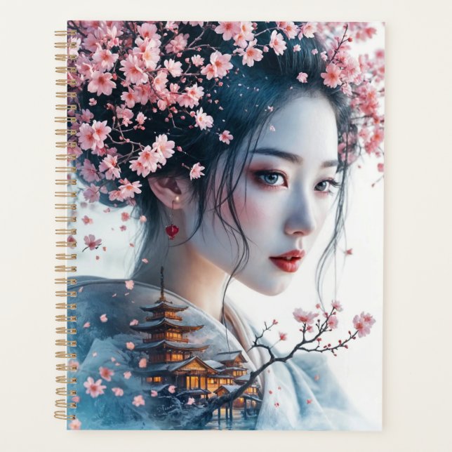 Agenda  Geisha portrait, cherry blossoms, Japanese art, (Frente)