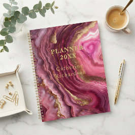 Agenda Gema de Ágata Roxa Magenta Luxuosa & Geodo de Ouro