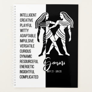 Agenda Gemini - Símbolo Zodíaco, Preto e Branco