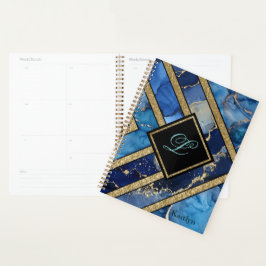 Agenda Geométrico Dourado Azul Moderno Único