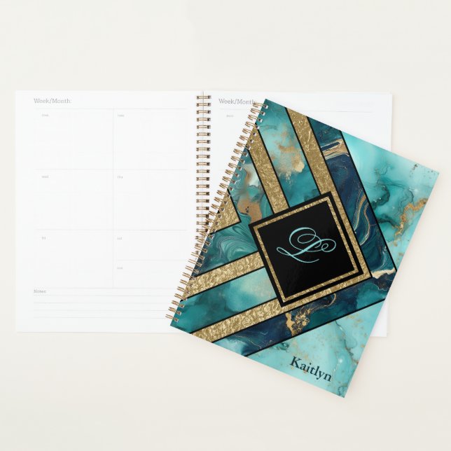 Agenda Geométrico Dourado de Teal Moderno Único (Exibição)