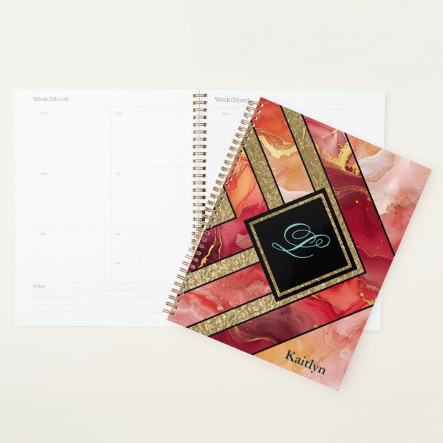 Agenda Geométrico Dourado Vermelho Moderno Único (Exibição)