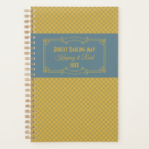 Agenda Geométrico e Art Deco Azul e Amarelo Personalizad