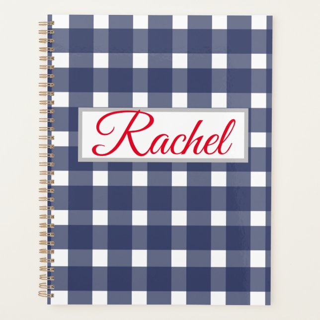 Agenda Gingham Branco Azul Personalizado (Frente)