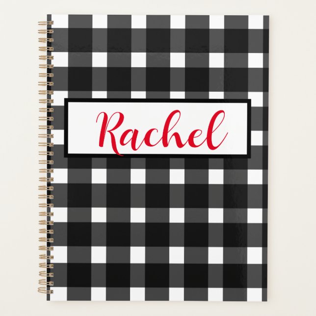 Agenda Gingham branco preto personalizado (Frente)