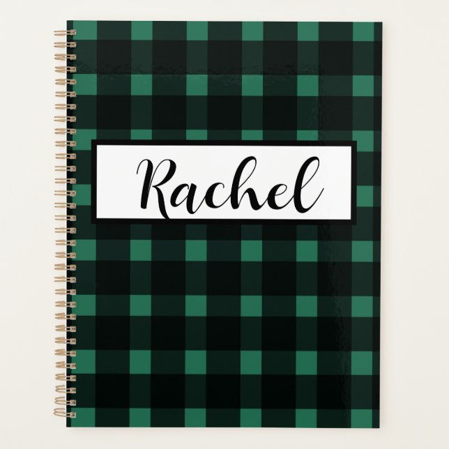 Agenda Gingham Verde Negro Personalizado (Frente)