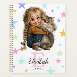 Agenda Girl and Kitten Monogram Any Initial & Name