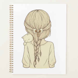 Agenda Girl with Braid and Cat Illustration – Soft Pastel