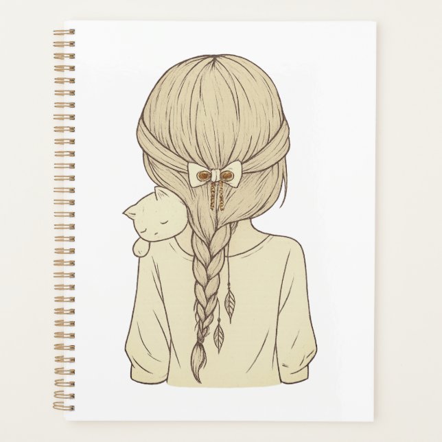 Agenda Girl with Braid and Cat Illustration – Soft Pastel (Frente)