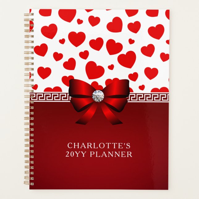 Agenda Girly Elegant Red Heart, Red Ribbon Custom Name (Frente)