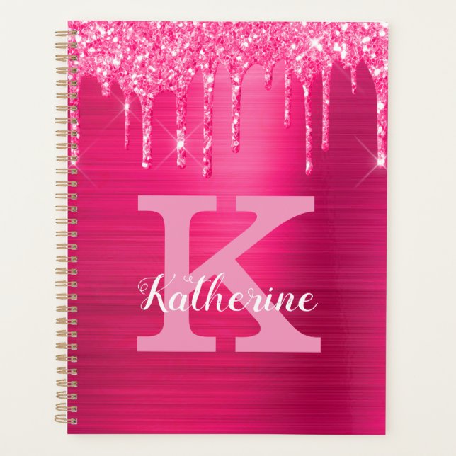 Agenda Girly Hot Pink Glitter Drives Glam Nome do Monogra (Frente)