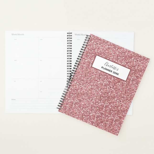Agenda Girly Pink Rose Dourada Glitter Nome Personalizado (Exibição)