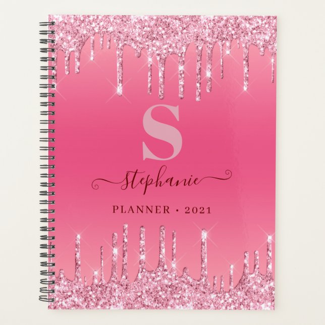 Agenda Girly Pink Sparkle Glitter Monograma (Frente)