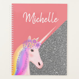 Agenda Girly Unicorn Glitter Pink Silver Personalizado
