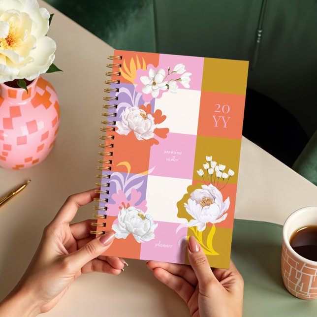 Agenda Girly Watercolor Peony Florals Retro Verificado (Girly Watercolor Peony Florals Retro Checkered Planner)