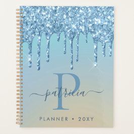 Agenda Glam Azul Glitter Gotas Monograma Elegante